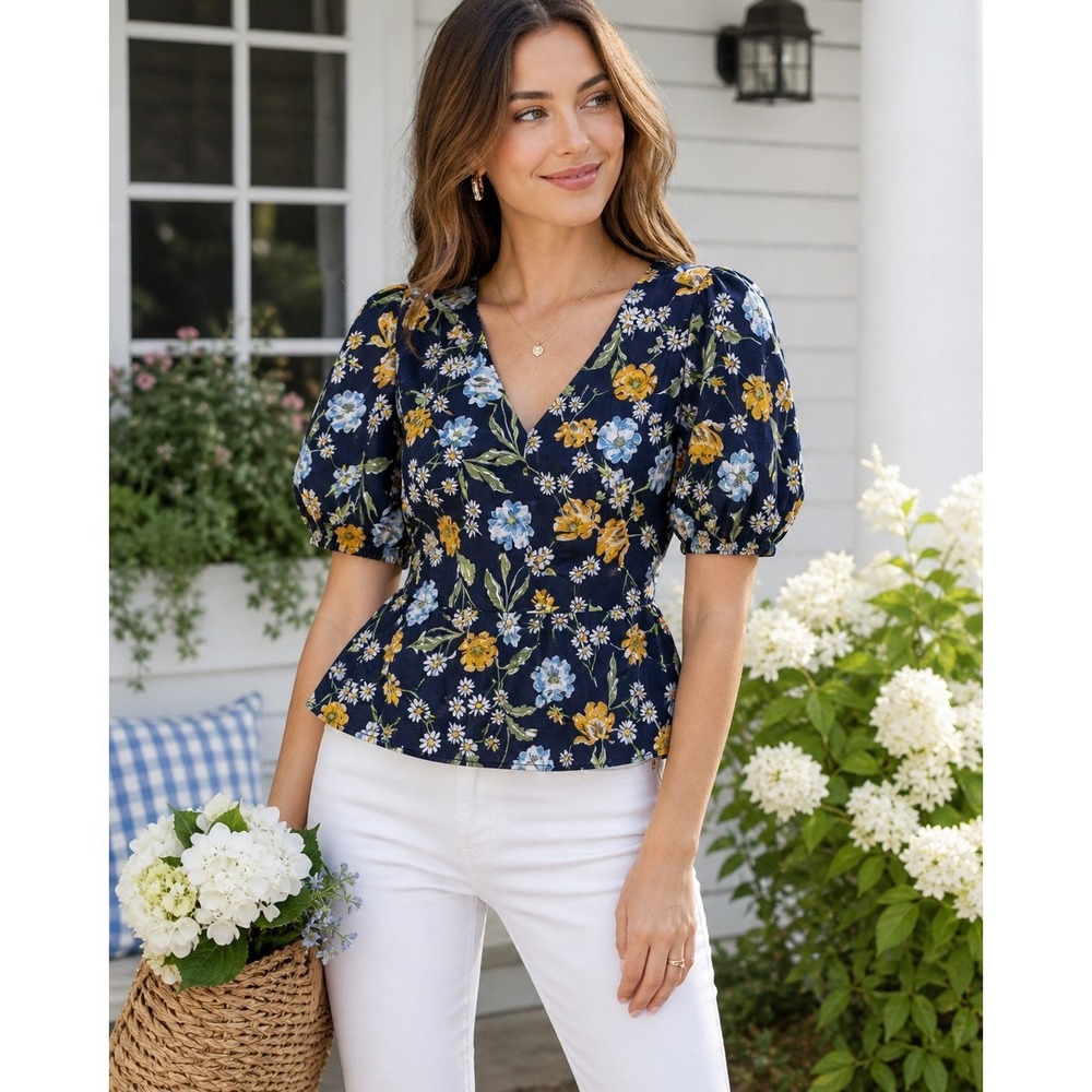 Draper James Navy Floral V-Neck Puff Sleeve Peplum Top
